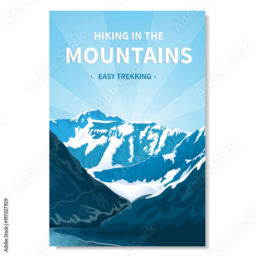Mountain landscape-vertical banner, poster with text. Kind of rocky terrain. Gorge of the river, brightly lit by the sun. rocks in the background, peaks with snow caps, bright blue sky. River. Vector.