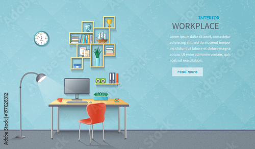 Modern office workplace. Room interior with desk, lamp, chair, monitor, shelves, office supplies, wall clock. Detailed vector illustration, horizontal web banner.