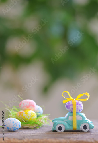 Toy car carrying easter eggs