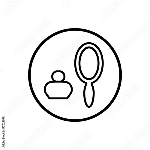 Symbol for perfumery and cosmetic products, mirror and vial in circle. Vector