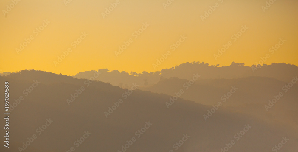 Forested hills layers silhouette at golden sunset rays of light Forested hills layers silhouette at golden sunset rays of light