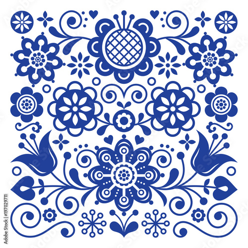 Folk art retro vector pattern, Scandinavian floral ornament design, Nordic style ethnic decoration 
