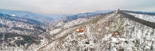 Castles of Saint Ulrich, Girsberg and Haut-Ribeaupierre in the Vosges Mountains near Ribeauville. Alsace, France photo