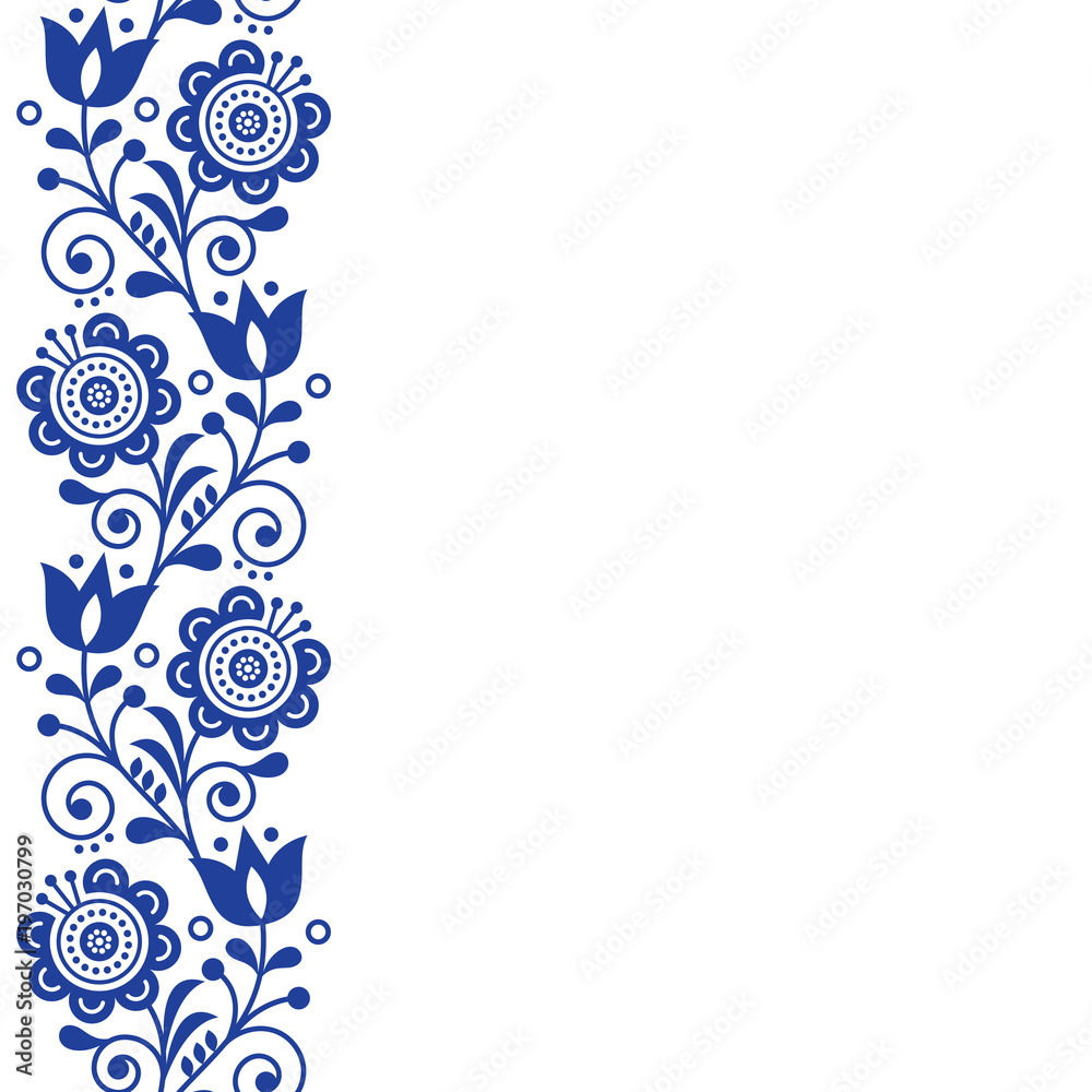 Scandinavian greeting card design, folk art retro vector design, ornament with flowers in navy blue - vertical stripe or border
Scandinavian greeting card design, folk art retro vector design, ornament with flowers in navy blue - vertical stripe or border