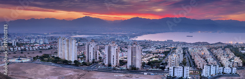Panoramic aerial scenic view on Eilat (Israel) and Aqaba (Jordan) cities in the early morning 