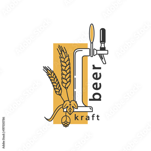 Beer tap, hops and wheat. Linear icon. Sign, symbol, emblem, label, logo for brewery, beer restaurant, pub, bar, menu, website. Vector illustration.