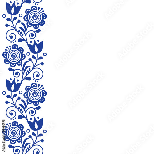 Scandinavian greeting card design, folk art retro vector design, ornament with flowers in navy blue - vertical stripe or border 