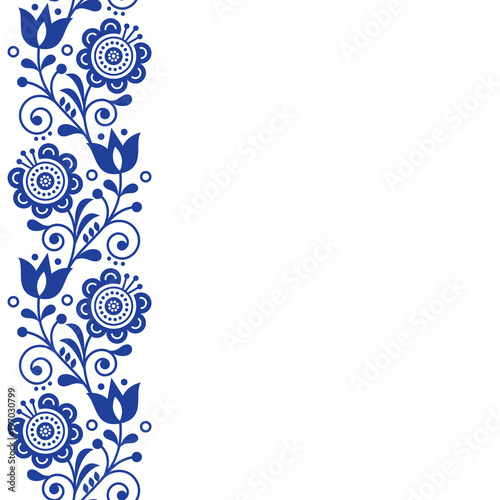 Scandinavian greeting card design, folk art retro vector design, ornament with flowers in navy blue - vertical stripe or border
