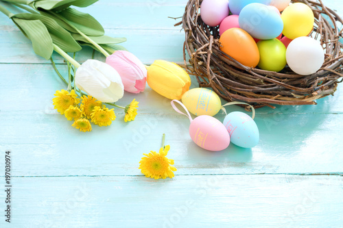 Colorful Easter eggs in nest with flowers on blue wooden background.  Easter holiday in spring season  top view with composition.