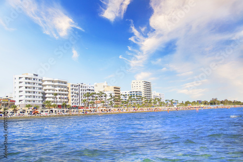 Beautiful view of the main street of Larnaca and Phinikoudes beach in Cyprus