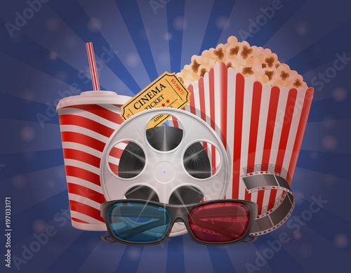 cinema concept popcorn film tickets and 3d glasses for viewing vector illustration © ArtVisionStudio