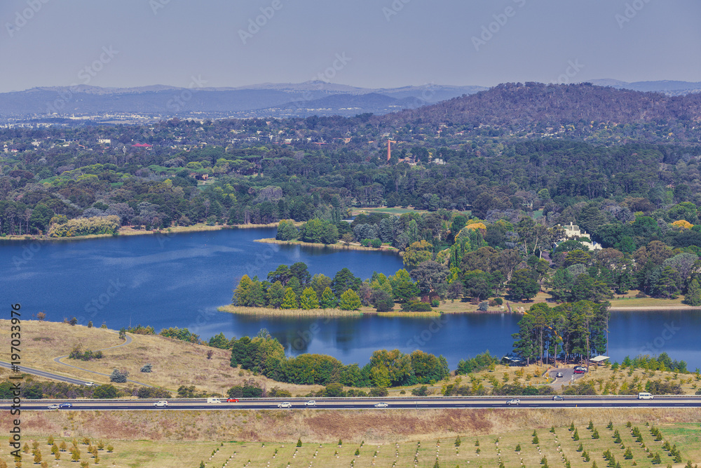 Aerial landscape of Lake Burley Griffin and mountains from National Arboretum, Canberra, Australia