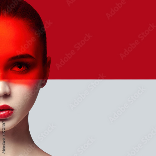 Pure perfect skin and natural makeup, skin care, natural cosmetics, red film on face. Long eyelashes and big eyes. Beautiful attractive Nude woman. Fashion art photo. Natural makeup on face. Mockup