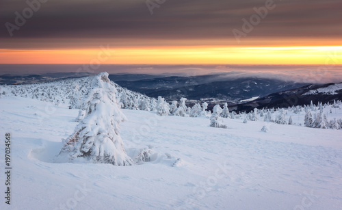 Beautiful sunrise at winter in the Giant Mountains, Karkonosze, Poland