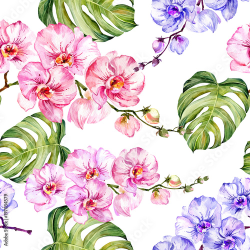 Blue and pink orchid flowers and monstera leaves on white background. Seamless floral pattern.  Watercolor painting. Hand drawn illustration. Can be used as for fabric, wallpaper, wrapping paper.