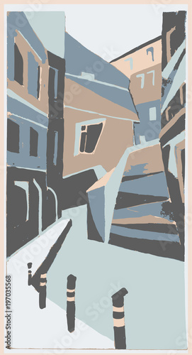 Cozy Town Art Gouache Grey Blue Ocher Painting