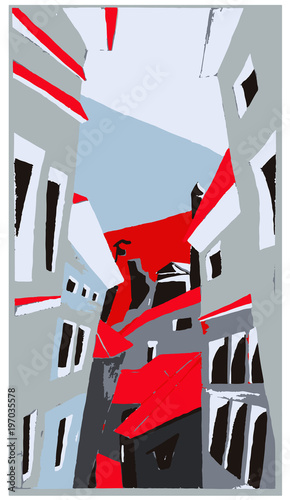 Town Art Gouache Grey Blue Red Painting Air View