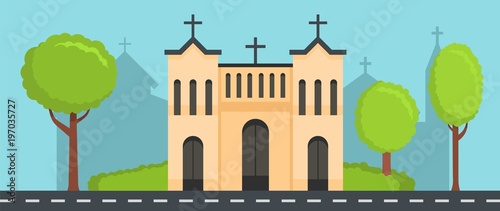 Church with cross banner. Flat illustration of church with cross vector banner for web