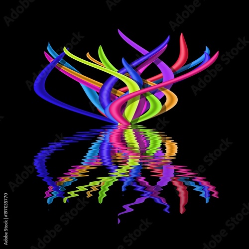 Illustration of abstract bright colourful tussock on black background reflected in water