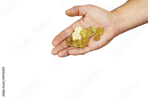 A handful of coins in the palm of a hand