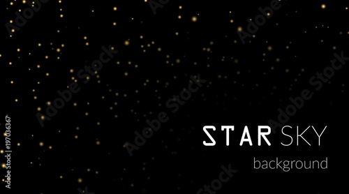 Night sky with gold stars on black background. Dark astronomy space template. Galaxy starry pattern wallpaper. Shiny golden stars on night sky universe. Cosmos stars wallpaper. Vector illustration