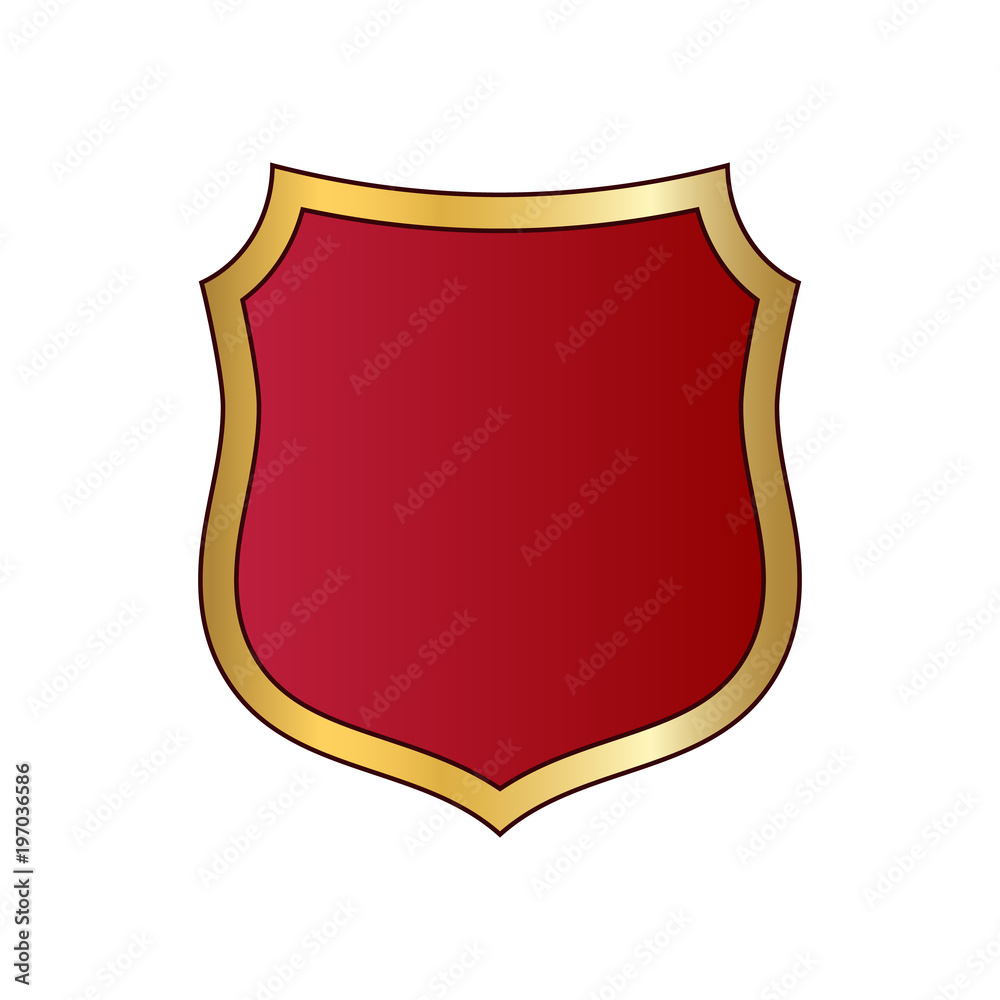 Gold and red shield shape icon. Logo emblem metallic sign isolated on white background. Shape shield symbol of security, protection or armor, safe. Shiny element design. Vector illustration Gold and red shield shape icon. Logo emblem metallic sign isolated on white background. Shape shield symbol of security, protection or armor, safe. Shiny element design. Vector illustration