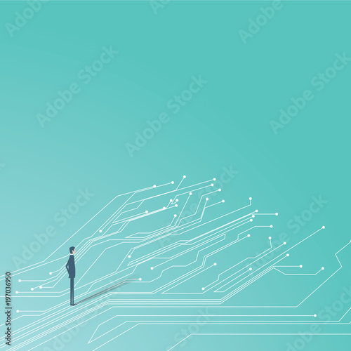 Businessman and printed circuit board lines running on the ground. Symbol of technology and business.