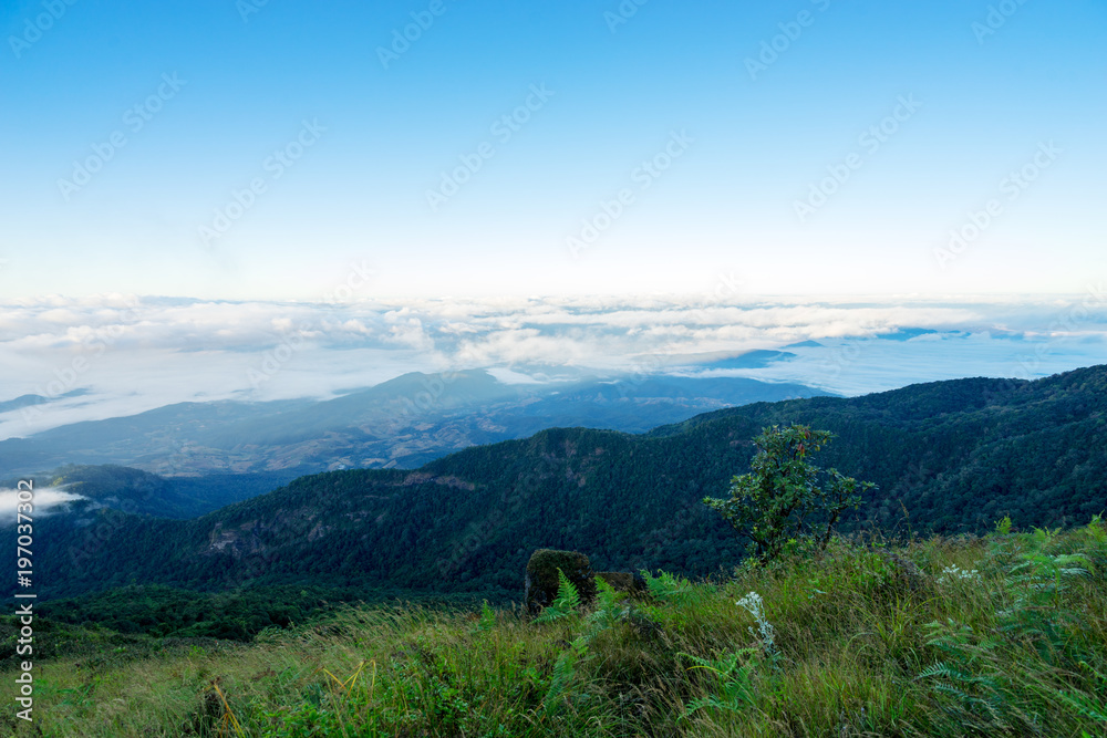kew mae pan sky hill and valleys with fog and blue sky