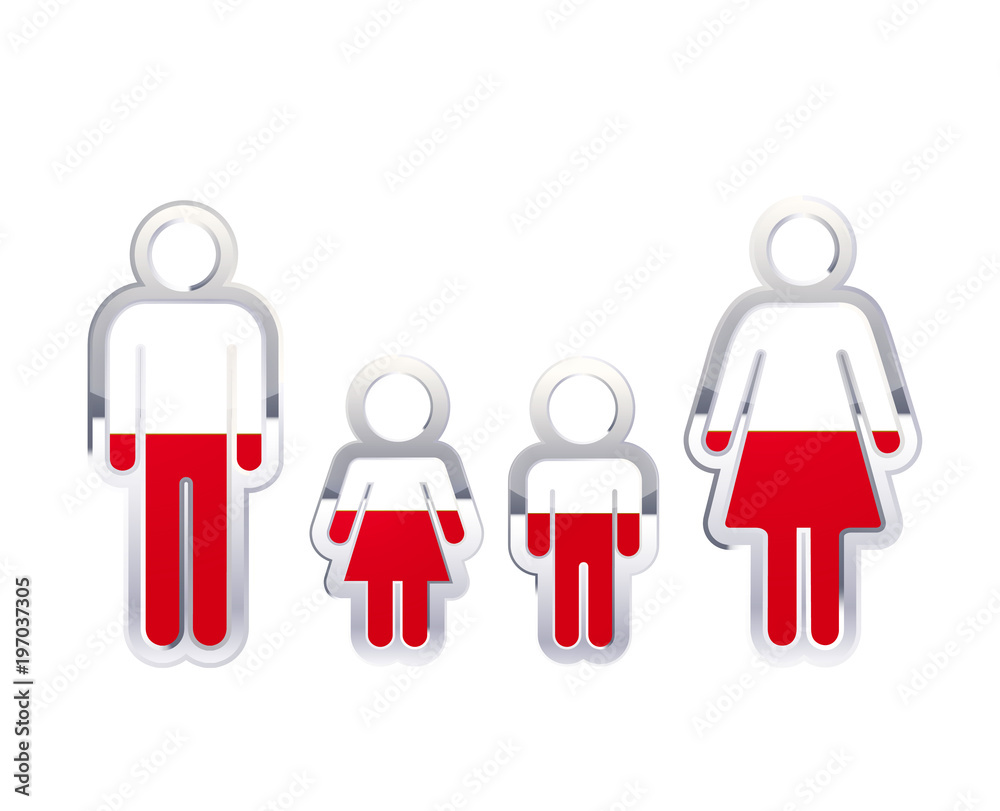 Glossy metal badge icon in man, woman and childrens shapes with Poland flag, infographic element on white Glossy metal badge icon in man, woman and childrens shapes with Poland flag, infographic element on white