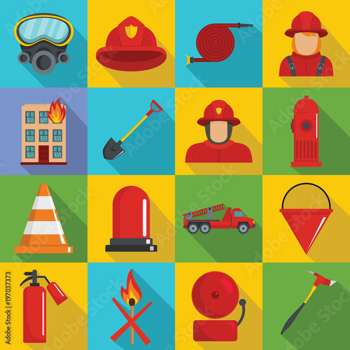 Fire fighter icons set. Flat illustration of 16 fire fighter vector icons for web