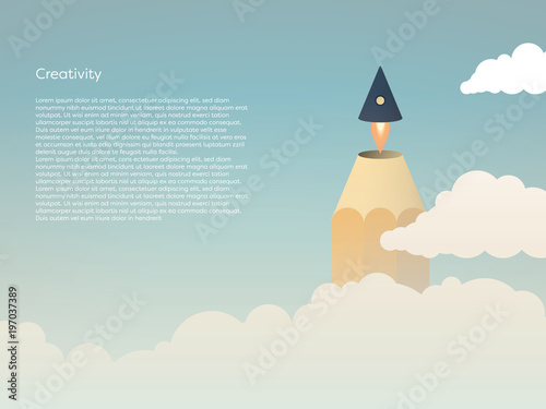 Creativity vector concept with pencil tip flying off as a rocket above clouds into the sky. Symbol of brainstorming, imagination, innovation, startup, new ideas and solutions.