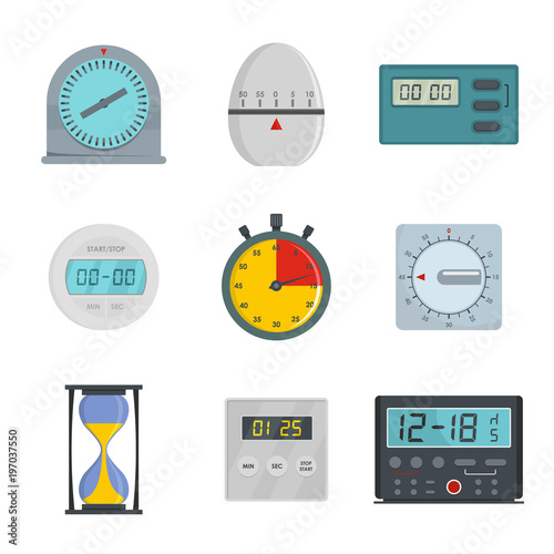 Kitchen timer icons set. Flat illustration of 9 kitchen timer icons for web