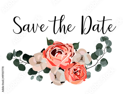 Floral wedding invitation card with herb,rose,cotton,succulent,eucalypyus leaves in watercolor style.Greenery botanical template with text place for invite, greeting and covers, poligraphy