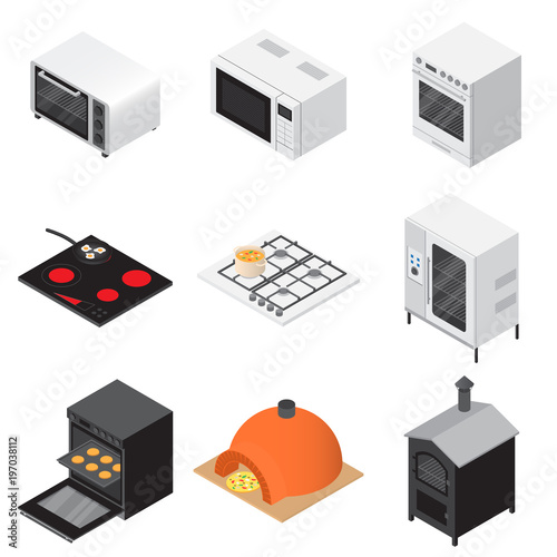Oven stove furnace fireplace icons set. Isometric illustration of 16 oven stove furnace fireplace vector icons for web
