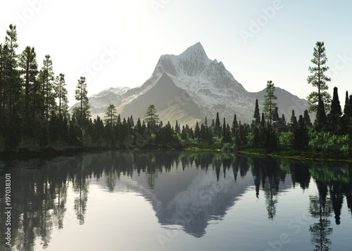 forest lake on a background of a snowy mountain
3D rendering