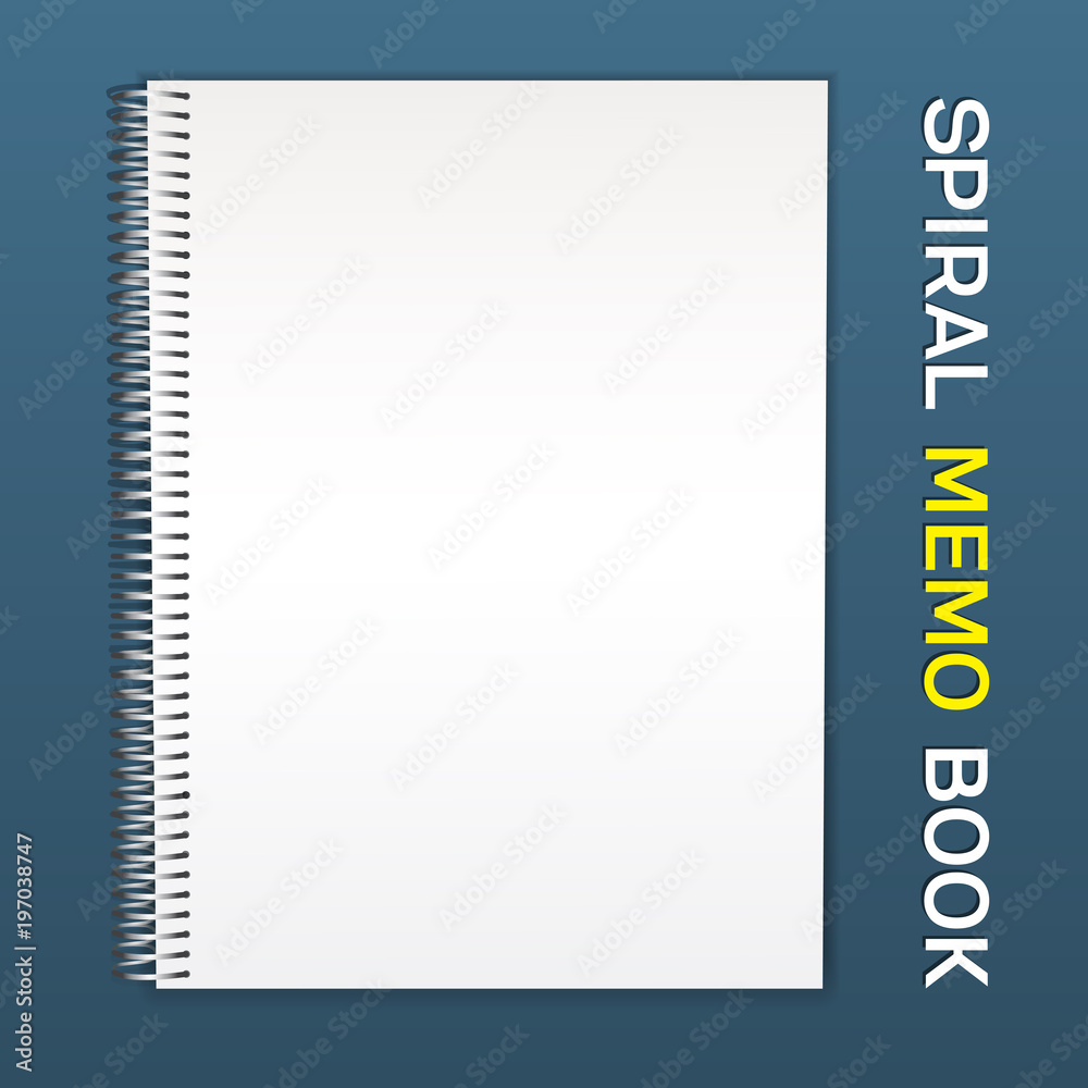 Spiral notebook-notepad. An empty cover, for inserting your images, a template. Lies on the table, opens into the side. Spiral to the left. Isolated on blue background, vector illustration Spiral notebook-notepad. An empty cover, for inserting your images, a template. Lies on the table, opens into the side. Spiral to the left. Isolated on blue background, vector illustration
