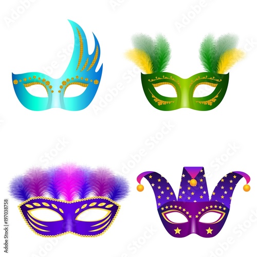 Carnival mask venetian mockup set. Realistic illustration of 4 carnival mask venetian mockups for web