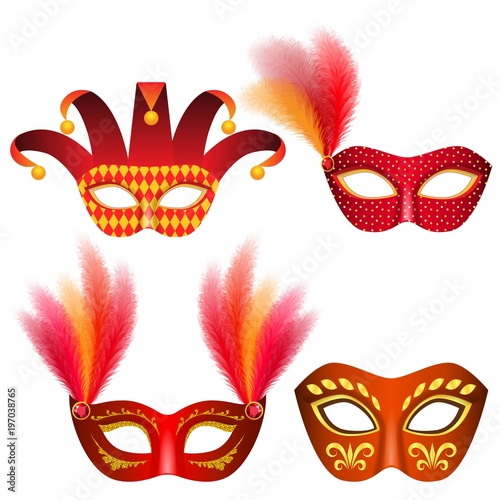 Carnival mask venetian mockup set. Realistic illustration of 4 carnival mask venetian mockups for web