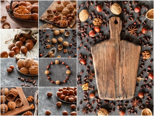Nuts collage, different colorful nuts backgrounds. Healthy food.