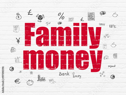 Money concept  Painted red text Family Money on White Brick wall background with  Hand Drawn Finance Icons