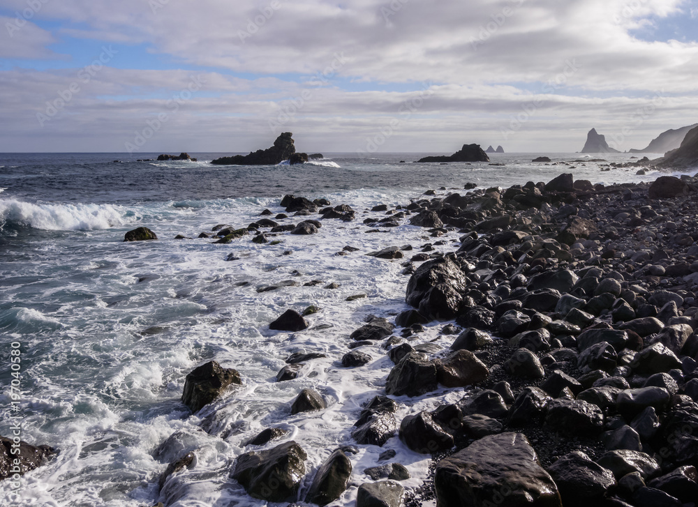 View towards the Roques de Anaga, Anaga Rural Park, Tenerife Island, Canary Islands, Spain