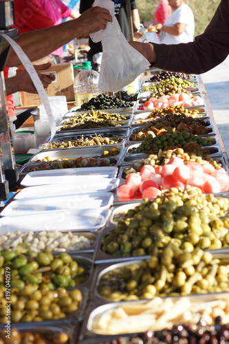 Olives with different fillings on the market in Spain