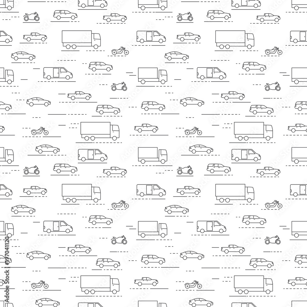 Seamless cars and bikes pattern grey on white background