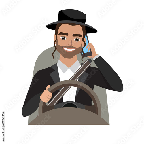 jew man driving a car talking on the phone