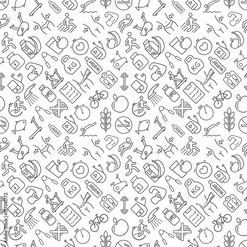 Seamless fitness and healthy lifestyle pattern grey on white bac