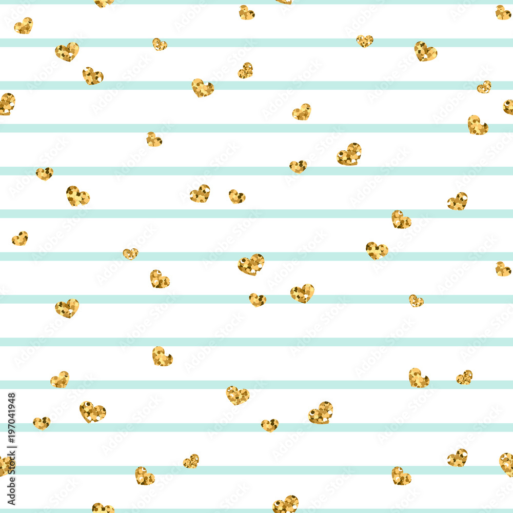 Gold heart seamless pattern. Blue-white geometric stripes, golden confetti-hearts. Symbol of love, Valentine day holiday. Design wallpaper, background, fabric texture. Vector illustration