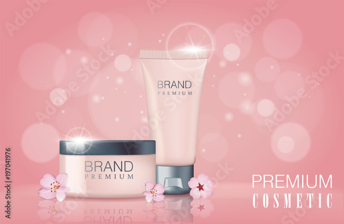 Sakura flower cosmetic promotional poster template. Two exquisite containers with flowers and sunlight effect isolated on pink background. Vector illustration