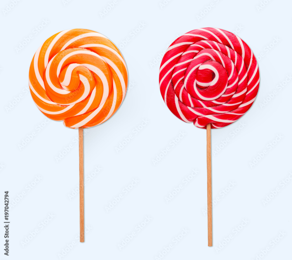 Spiral lollipops on white background. Colorful candies, isolated