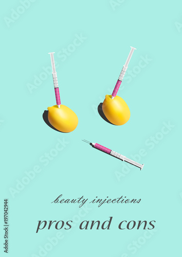 two lemons and three syrihges with pink liquid on the mint color background, beauty injections pros and cons text, vertical, vector illustration