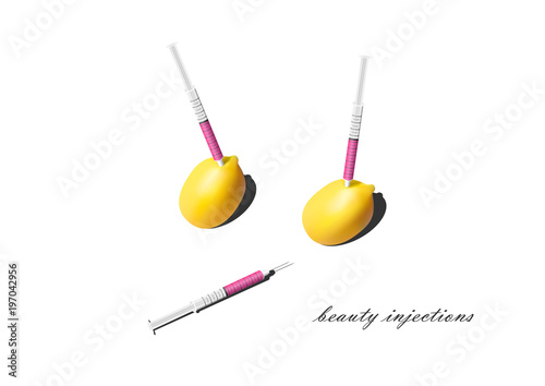 two lemons and three syrihges with pink liquid isolated on the white background, beauty injections text, horizontal, vector illustration